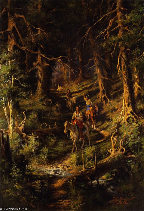 WikiOO.org - Encyclopedia of Fine Arts - Maľba, Artwork Edgar Samuel Paxson - Idians in a Forest