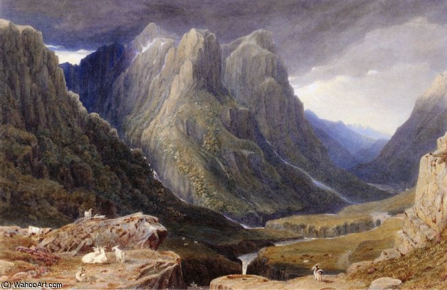 WikiOO.org - 백과 사전 - 회화, 삽화 George Fennel Robson - Goats on a Rocky Outcrop above a Highland Glen