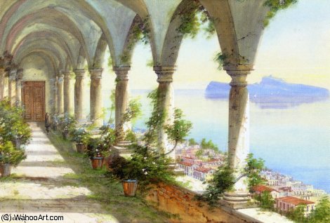 Wikioo.org - The Encyclopedia of Fine Arts - Painting, Artwork by Girolamo Gianni - A Colonnade overlooking the Isle of Capri