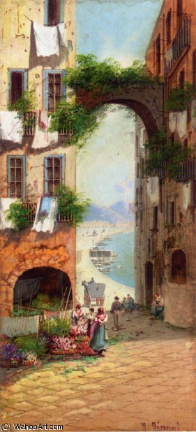 WikiOO.org - دایره المعارف هنرهای زیبا - نقاشی، آثار هنری Girolamo Gianni - A Flower Market with a View of Vesuvius - Naples