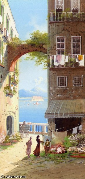 Wikioo.org – L'Encyclopédie des Beaux Arts - Peinture, Oeuvre de Girolamo Gianni - Marché aux fleurs avec une vue de Castel del-Ovo - Naples