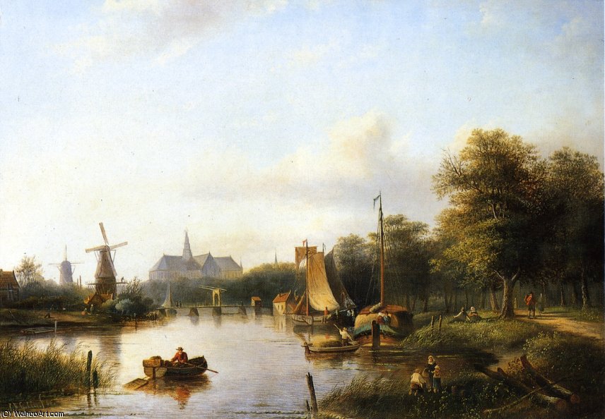 Wikioo.org - The Encyclopedia of Fine Arts - Painting, Artwork by Jan Jacob Spohler - A View of the River Spaarne - Haarlem - with Moored Shipping a....ch in the Background