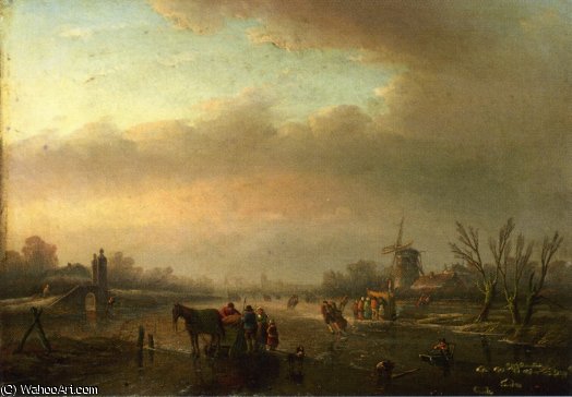Wikioo.org - The Encyclopedia of Fine Arts - Painting, Artwork by Jan Jacob Spohler - Skaters on a frozen Canal