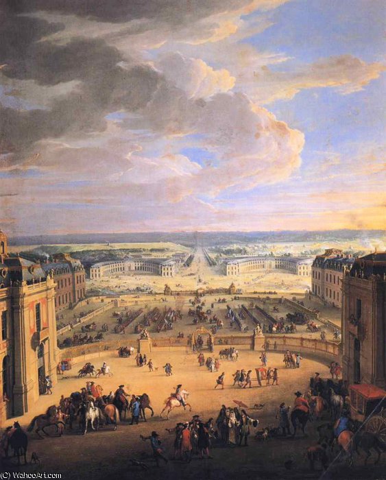 WikiOO.org - Encyclopedia of Fine Arts - Maleri, Artwork Jean-Baptiste Martin (Martin Des Batailles) - View of the Forecourts of the Chateau de Versailles and the Stables