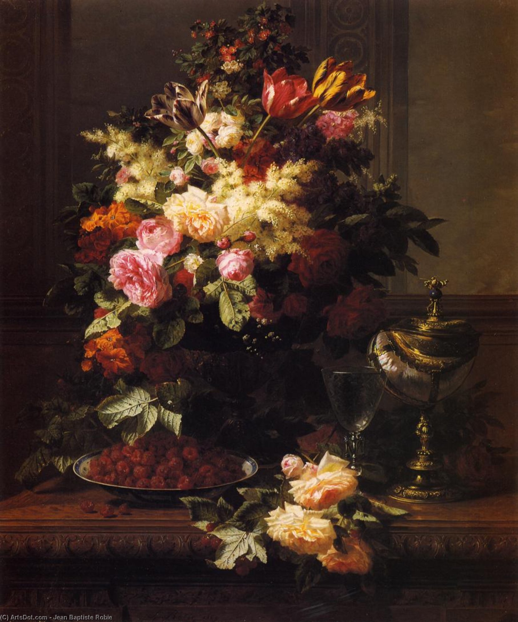 Wikioo.org - The Encyclopedia of Fine Arts - Painting, Artwork by Jean Baptiste Robie - A Still Life of Roses - Tulips and other Flowers on a German ....tilus Cup on a Table