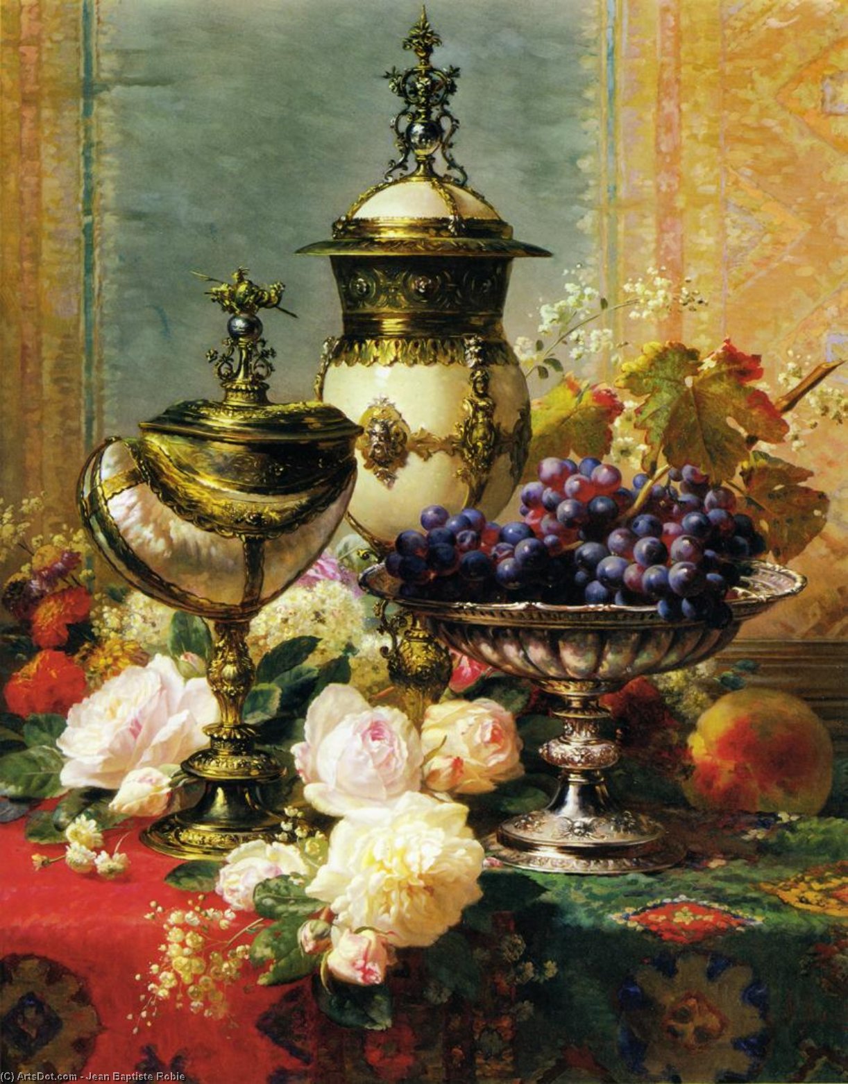 Wikioo.org - The Encyclopedia of Fine Arts - Painting, Artwork by Jean Baptiste Robie - A Still Life with Roses - Grapes and A Silver Inlaid Nautilus Shell