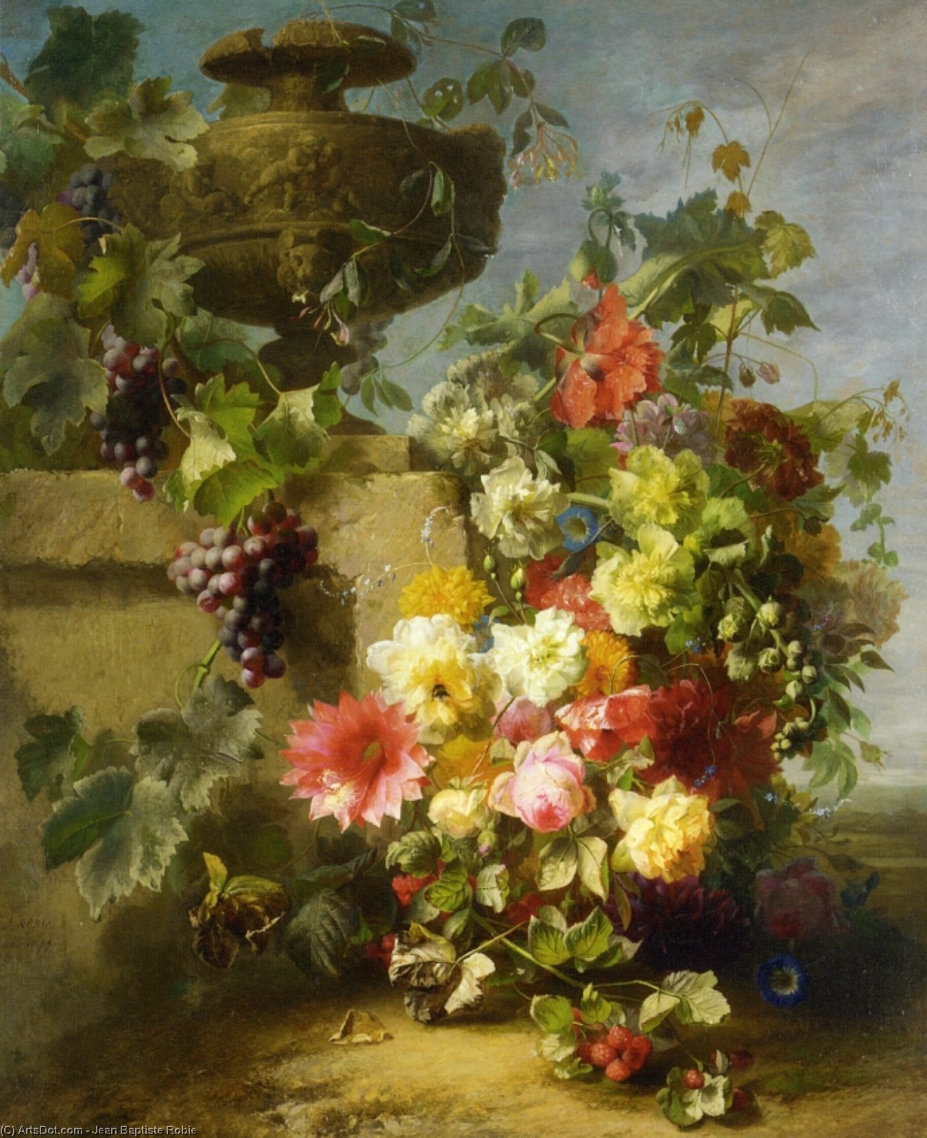 Wikioo.org - The Encyclopedia of Fine Arts - Painting, Artwork by Jean Baptiste Robie - Still Life of Roses - Morning Glories - Chrysanthemums - Forget....Ledge in a Landscape