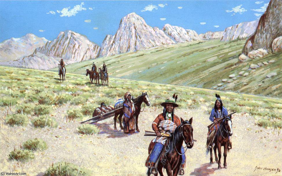 Wikioo.org - The Encyclopedia of Fine Arts - Painting, Artwork by John Hauser - Mountain Desert Trail (also known as Indian Scouts with Travois)-