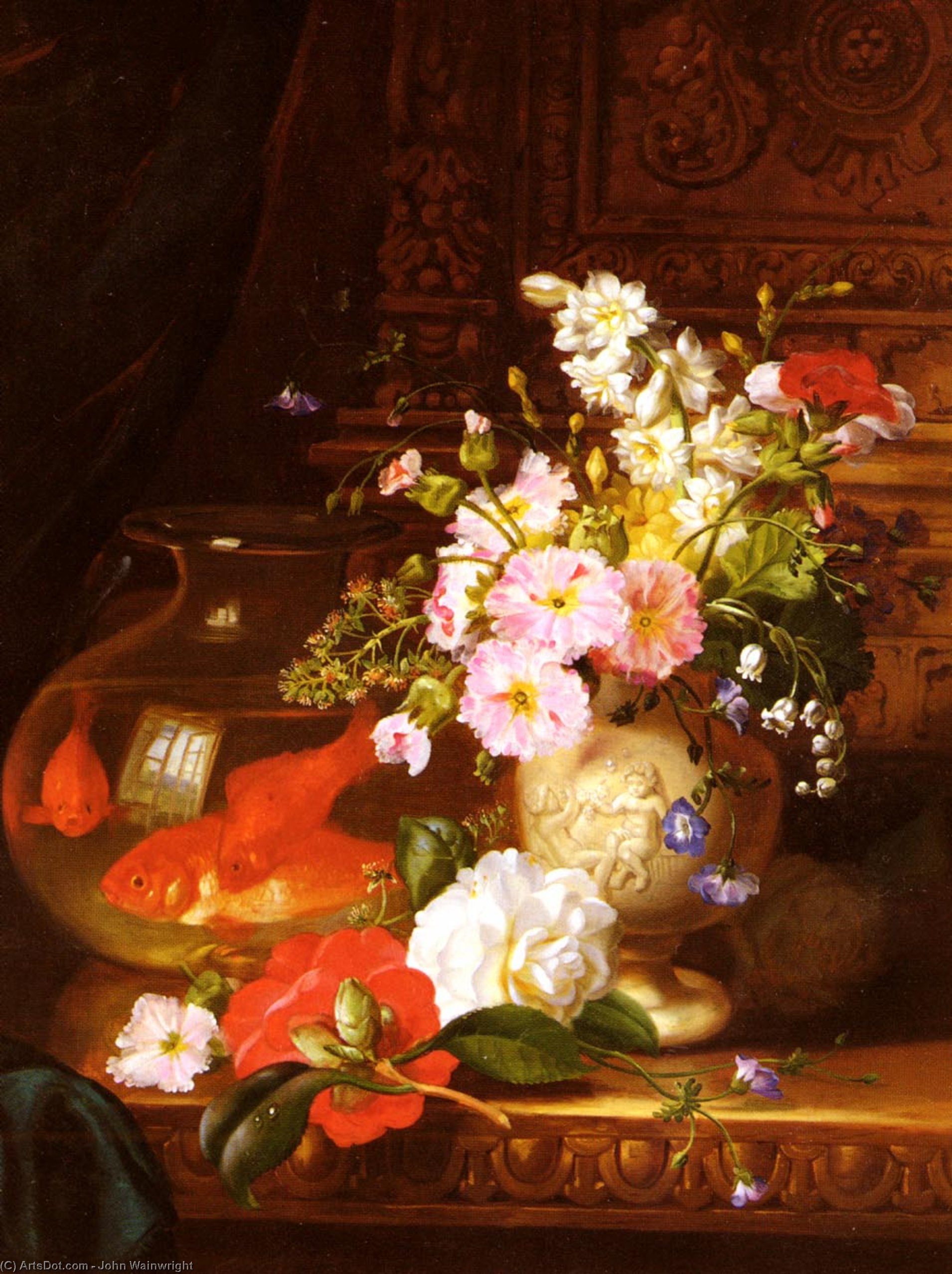 Wikioo.org – L'Encyclopédie des Beaux Arts - Peinture, Oeuvre de John Wainwright - nature morte avec Camélias - Primevères et lily de l Vallée . . . . n par un Poisson rouge Bol