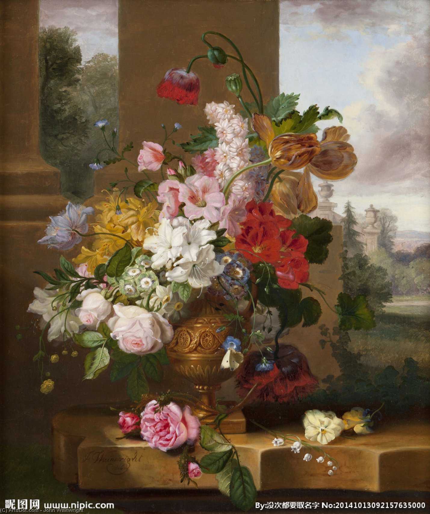 Wikioo.org - The Encyclopedia of Fine Arts - Painting, Artwork by John Wainwright - Still Life with Tulips - Roses and Lily of the Valley with a .... Butterfly in an Urn