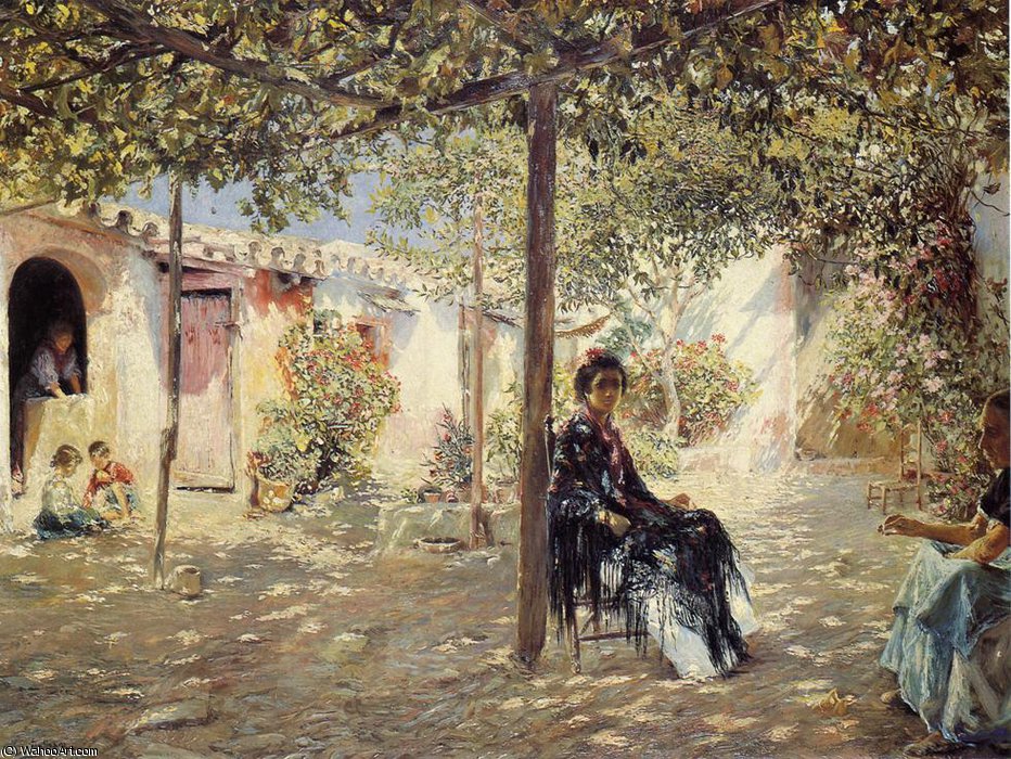Wikioo.org - The Encyclopedia of Fine Arts - Painting, Artwork by Jose Gallegos Y Arnosa - Ladies in a Sun-dapples Courtyard