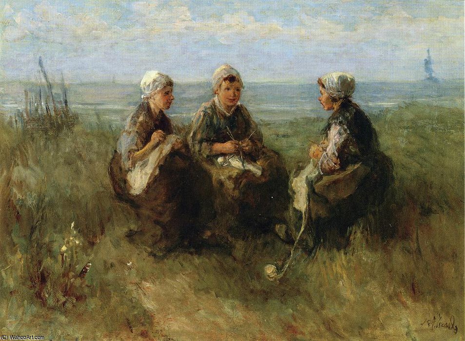 Wikioo.org - The Encyclopedia of Fine Arts - Painting, Artwork by Jozef Israels - Three Women Knitting by the Sea