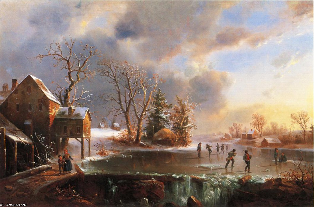 Wikioo.org - The Encyclopedia of Fine Arts - Painting, Artwork by Régis François Gignoux - Skaters on a Frozen Pond