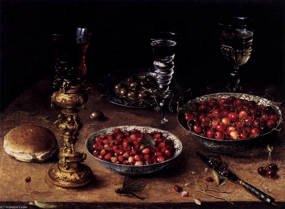 Wikioo.org - The Encyclopedia of Fine Arts - Painting, Artwork by Osias Beert The Elder - Life with Cherries and Strawberries in China Bowls