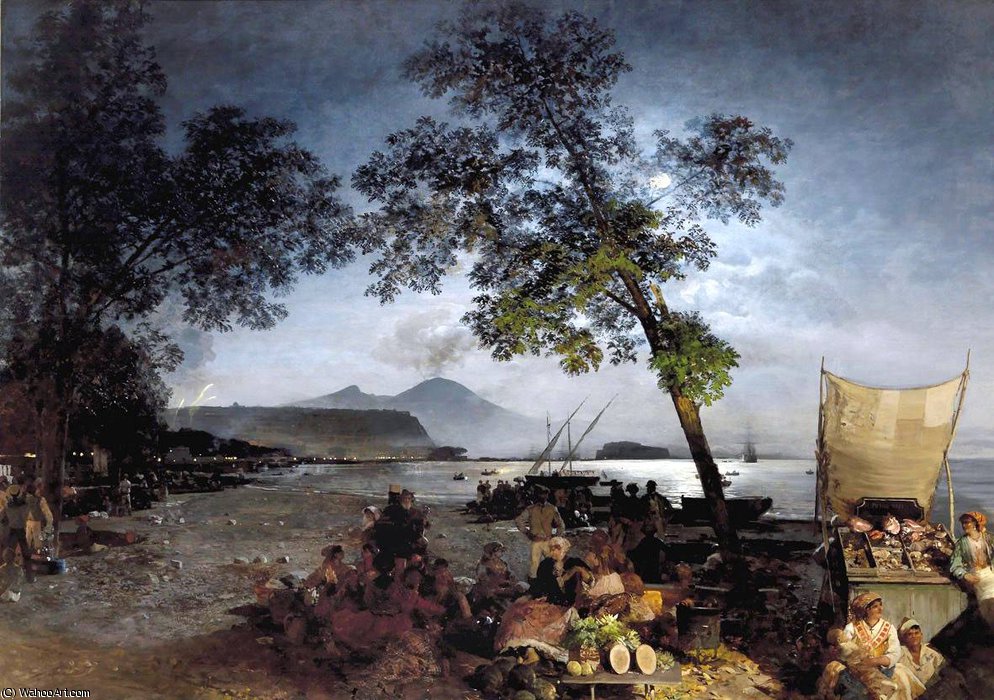 Wikioo.org - Die Enzyklopädie bildender Kunst - Malerei, Kunstwerk von Oswald Achenbach - mondschein Bühne  von  der  Bucht  von  Neapel