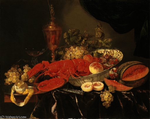 Wikioo.org - The Encyclopedia of Fine Arts - Painting, Artwork by Abraham Hendriksz Van Beijeren - A lobster with grapes and a peach in a wan-li 'kraak' porselein bowl
