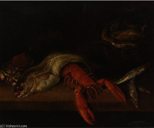 Wikioo.org - สารานุกรมวิจิตรศิลป์ - จิตรกรรม Abraham Hendriksz Van Beijeren - A lobster, a basket of fish, a crab, a cod and other fish on a ledge