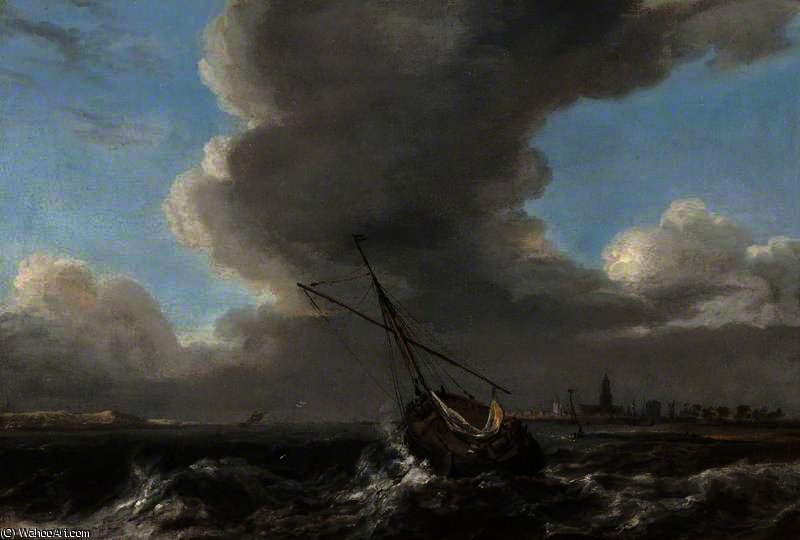 WikiOO.org - 백과 사전 - 회화, 삽화 Abraham Hendriksz Van Beijeren - A Small Dutch Vessel at Anchor off the Coast in a Rough Sea