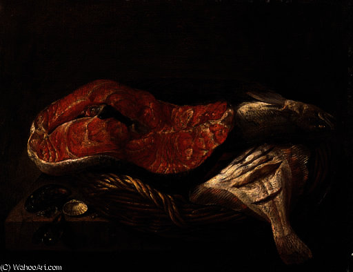 WikiOO.org - Enciclopedia of Fine Arts - Pictura, lucrări de artă Abraham Hendriksz Van Beijeren - Fish in a basket, mussels and other sea shells on a ledge