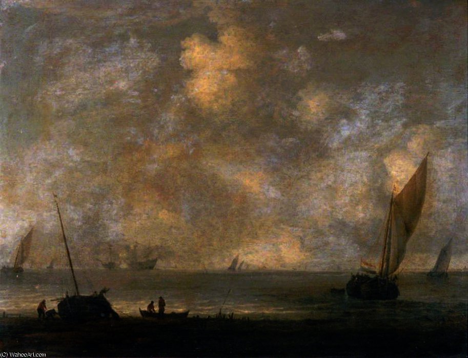 Wikioo.org - สารานุกรมวิจิตรศิลป์ - จิตรกรรม Abraham Hendriksz Van Beijeren - Fishermen on a Shore with Shipping