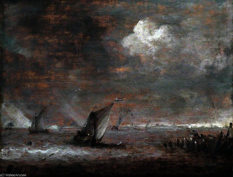 Wikioo.org - The Encyclopedia of Fine Arts - Painting, Artwork by Abraham Hendriksz Van Beijeren - Fishing Boats off the Jetty