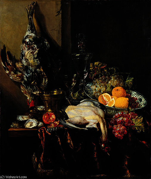 Wikioo.org - Bách khoa toàn thư về mỹ thuật - Vẽ tranh, Tác phẩm nghệ thuật Abraham Hendriksz Van Beijeren - Pronkstillleven with Fruit and Fowl