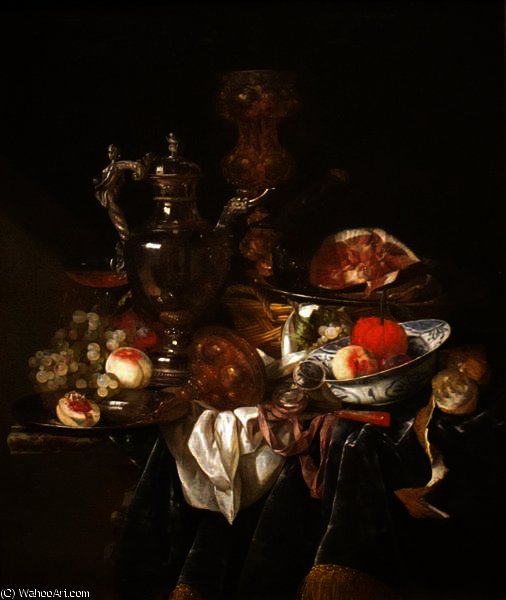 Wikioo.org - The Encyclopedia of Fine Arts - Painting, Artwork by Abraham Hendriksz Van Beijeren - Silver Wine Jug, Ham, and Fruit