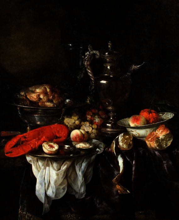 Wikioo.org - The Encyclopedia of Fine Arts - Painting, Artwork by Abraham Hendriksz Van Beijeren - Still Life with a Lobster, Fruit, Silver and China Ware