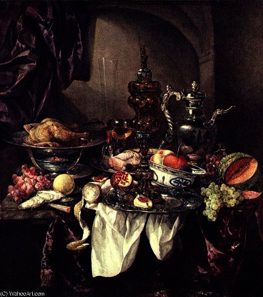 Wikioo.org - The Encyclopedia of Fine Arts - Painting, Artwork by Abraham Hendriksz Van Beijeren - Still life with fruit, roast, silver - and glassware, porcelain and columbine cup on a dark tablecloth with white serviette
