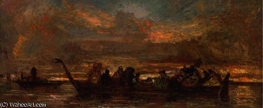 Wikioo.org - The Encyclopedia of Fine Arts - Painting, Artwork by Adolphe Joseph Thomas Monticelli - An elegant party on the venetian lagoon