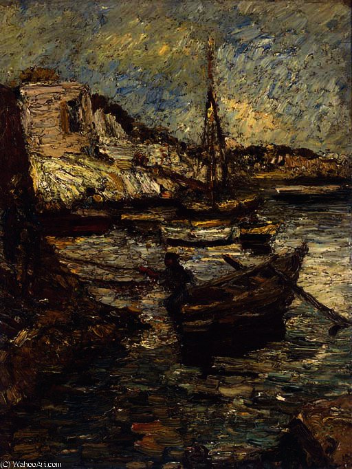 Wikioo.org - The Encyclopedia of Fine Arts - Painting, Artwork by Adolphe Joseph Thomas Monticelli - Boats in a harbour