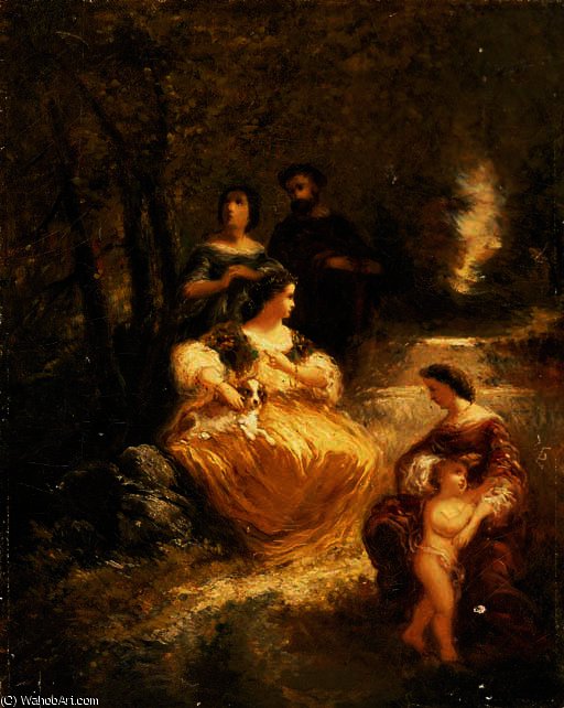 Wikioo.org - The Encyclopedia of Fine Arts - Painting, Artwork by Adolphe Joseph Thomas Monticelli - Figures by a stream in a woodland glen