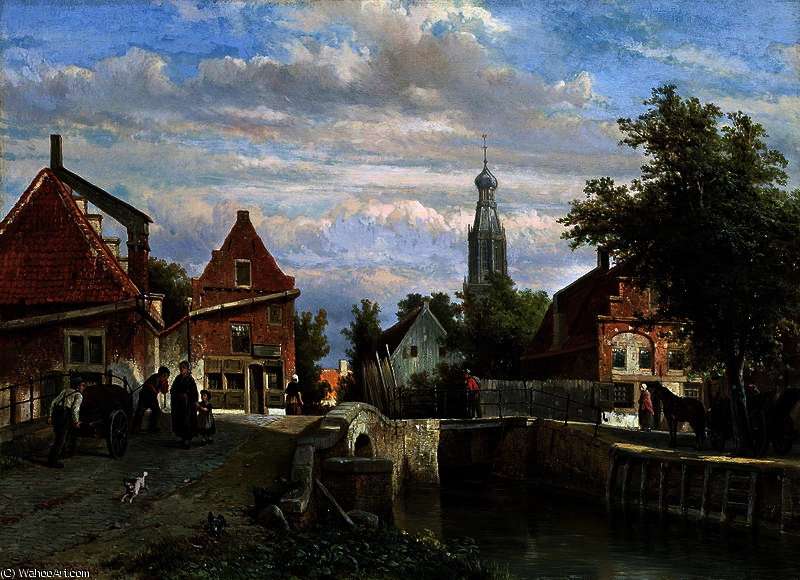 Wikioo.org - The Encyclopedia of Fine Arts - Painting, Artwork by Cornelis Springer - A view of the Staal Everspijp and the Grote Kerk in summer