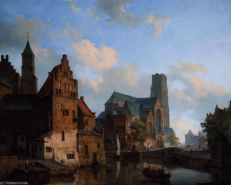 Wikioo.org - The Encyclopedia of Fine Arts - Painting, Artwork by Cornelis Springer - Delftse Vaart and the St Laurens church in Rotterdam