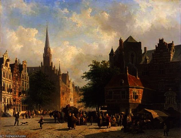 WikiOO.org - Encyclopedia of Fine Arts - Malba, Artwork Cornelis Springer - Market day in a Dutch town with numerous figures conversing in a square with stalls