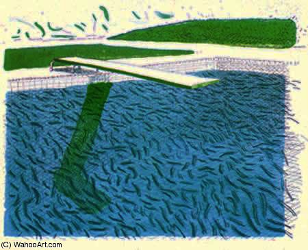WikiOO.org - Encyclopedia of Fine Arts - Schilderen, Artwork David Hockney - Lithographic Water Made of Lines, Crayon ^ a Blue Wash