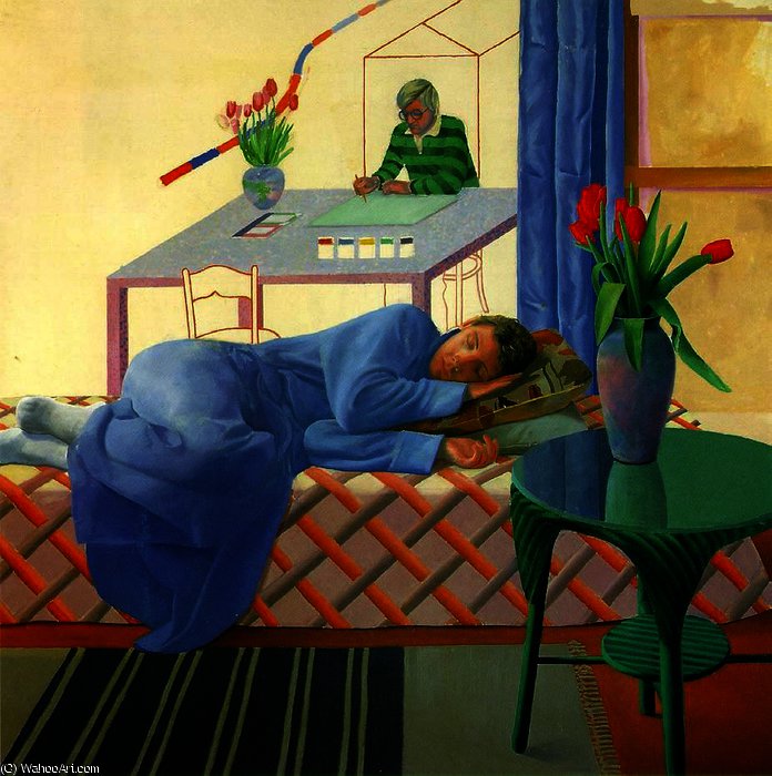 Wikioo.org - The Encyclopedia of Fine Arts - Painting, Artwork by David Hockney - Model with Unfinished Self-Portrait
