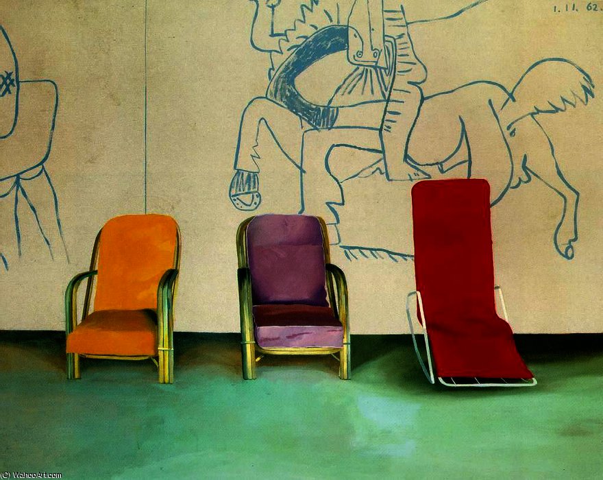 Wikoo.org - موسوعة الفنون الجميلة - اللوحة، العمل الفني David Hockney - Three Chairs with a Section of a Picasso Mural