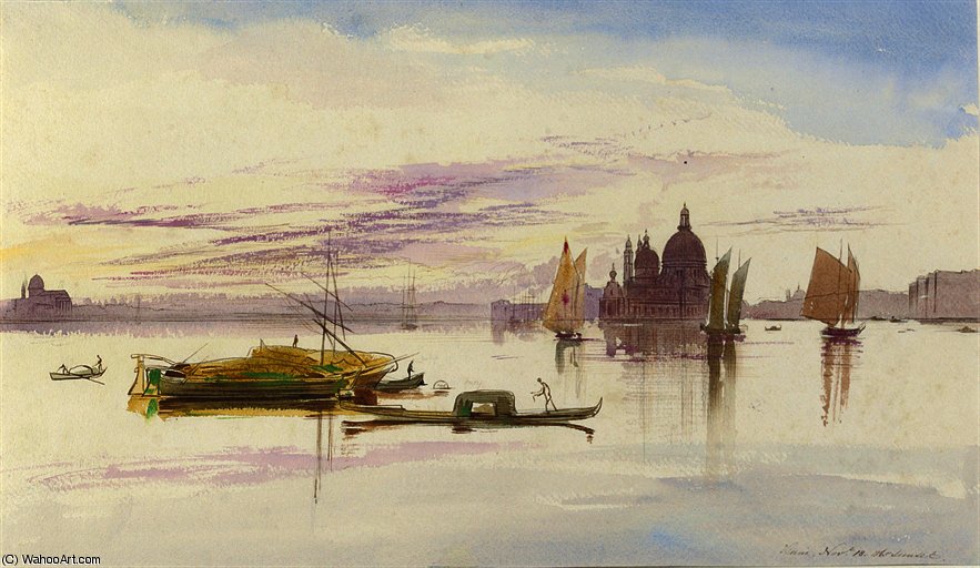 Wikioo.org - The Encyclopedia of Fine Arts - Painting, Artwork by Edward Lear - Santa maria della salute from the lagoon, sunset