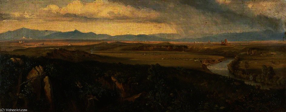 Wikioo.org - The Encyclopedia of Fine Arts - Painting, Artwork by Edward Lear - View in the Campagna, Rome (with a River)