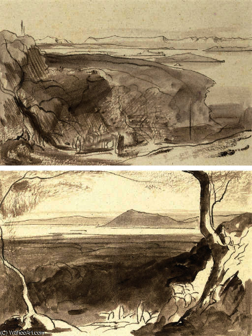 WikiOO.org - Encyclopedia of Fine Arts - Maľba, Artwork Edward Lear - View of amaxichi and the fort, santa maura; and view of corfu from the benitza road, near gastouri, corfu