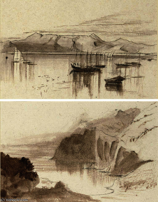 Wikioo.org - The Encyclopedia of Fine Arts - Painting, Artwork by Edward Lear - View of mount san salvador, corfu; and view of sant' angelo, corfu