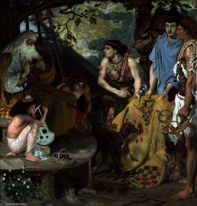 WikiOO.org - Enciclopédia das Belas Artes - Pintura, Arte por Ford Madox Brown - The Coat of Many Colours (Jacob and Joseph's Coat)