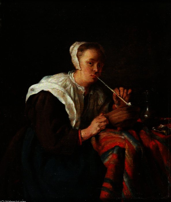 Wikioo.org - The Encyclopedia of Fine Arts - Painting, Artwork by Gabriel Metsu - A Woman Seated Smoking a Pipe
