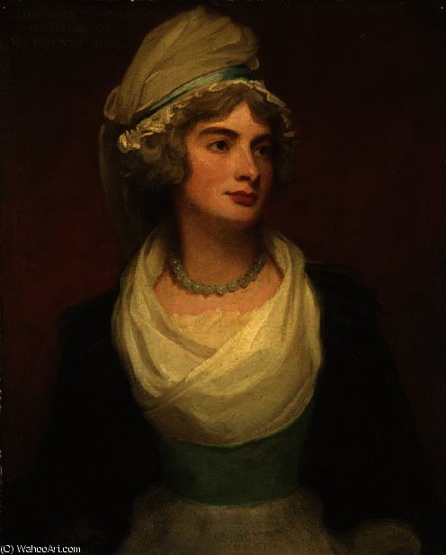 Wikioo.org - The Encyclopedia of Fine Arts - Painting, Artwork by George Romney - Portrait of georgiana anne, lady townshend, daughter of william poyntz of midgham, berkshire, three-quarter-length, in a white dress with a blue sash and black cloak