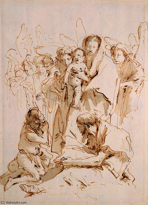 Wikioo.org - The Encyclopedia of Fine Arts - Painting, Artwork by Giovanni Battista Tiepolo - The madonna and child surrounded by angels appearing to a kneeling pilgrim and a seated saint reading a book