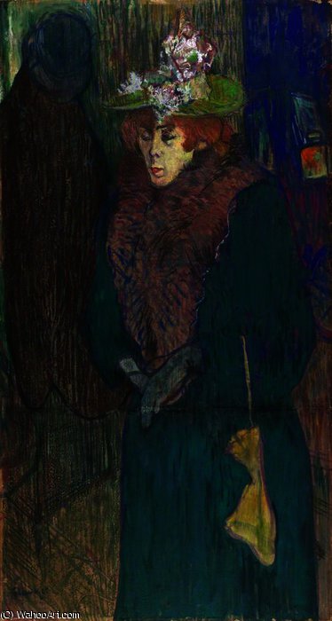 Wikioo.org - The Encyclopedia of Fine Arts - Painting, Artwork by Henri De Toulouse Lautrec - Jane Avril in the Entrance to the Moulin Rouge, Putting on her Gloves