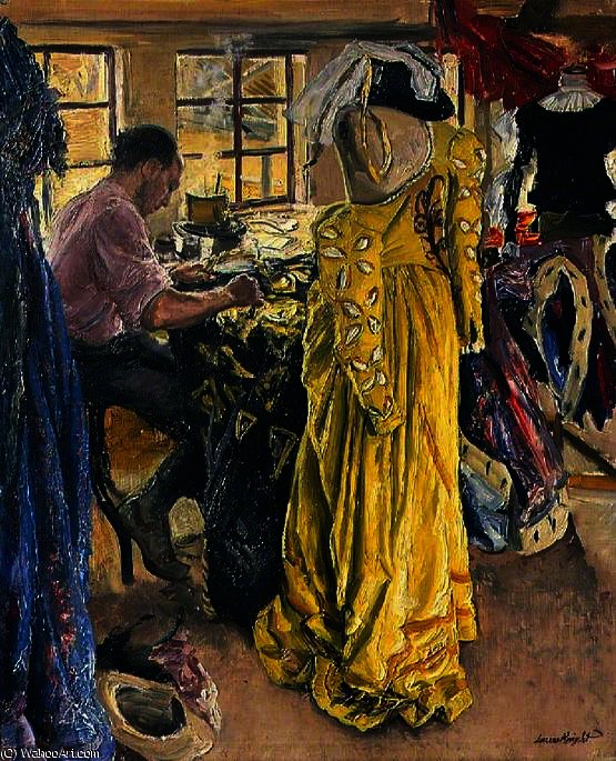 Wikioo.org - The Encyclopedia of Fine Arts - Painting, Artwork by Dame Laura Knight - The Yellow Dress (The Wardrobe Room, Stratford-on-Avon)