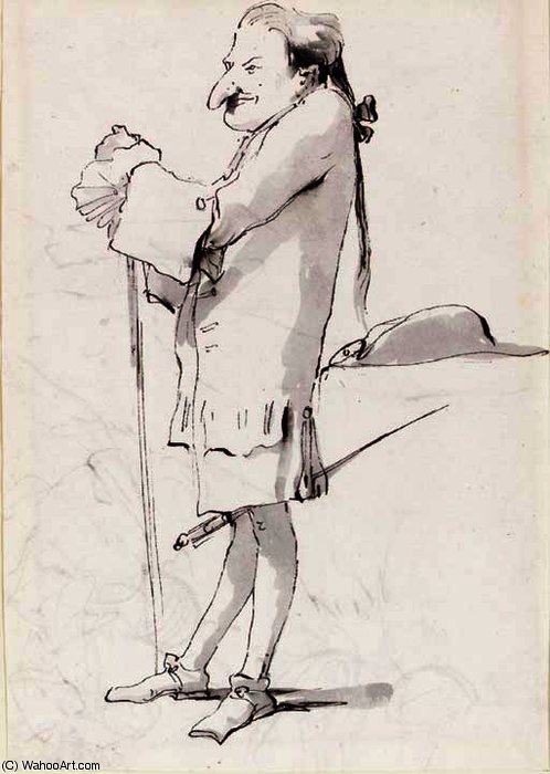 Wikioo.org - Encyklopedia Sztuk Pięknych - Malarstwo, Grafika Giovanni Battista Tiepolo - Caricature of a standing cavalier leaning on a staff