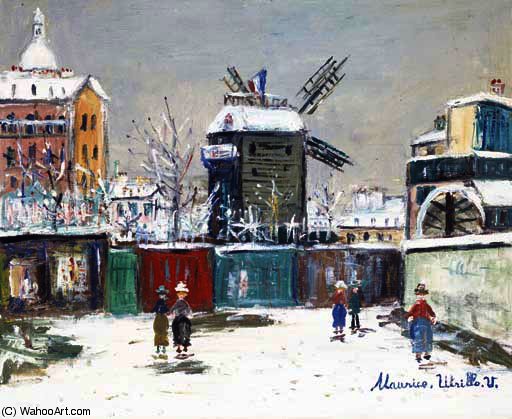 Wikoo.org - موسوعة الفنون الجميلة - اللوحة، العمل الفني Maurice Utrillo - Le moulin de la galette sous la neige, montmartre